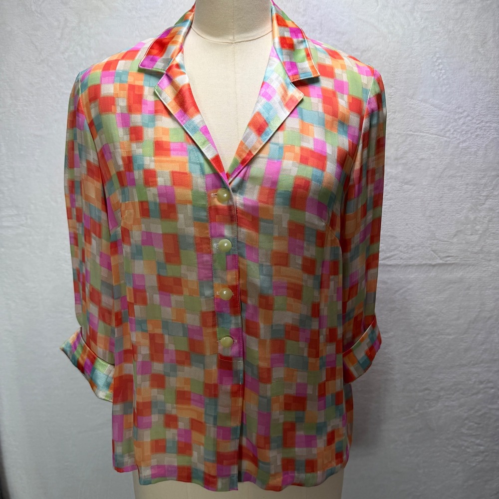 Breeze by Dorothy Schoelen Womens S Multi Color Silk Blend Geometric Blouse Top